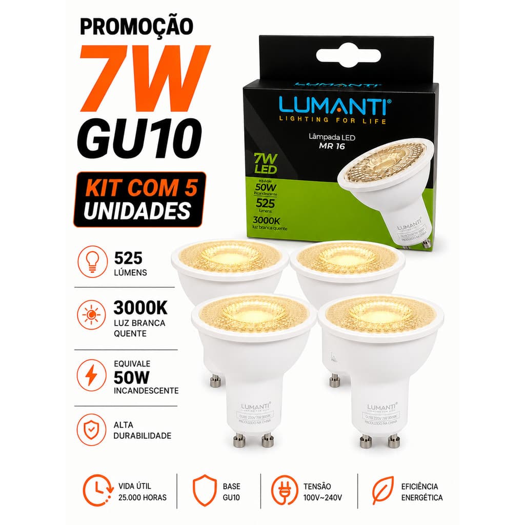 Kit 5 Lampada Led Dicroica Mr16 Gu10 7w 3000k Bivolt 525Lumens Lumanti