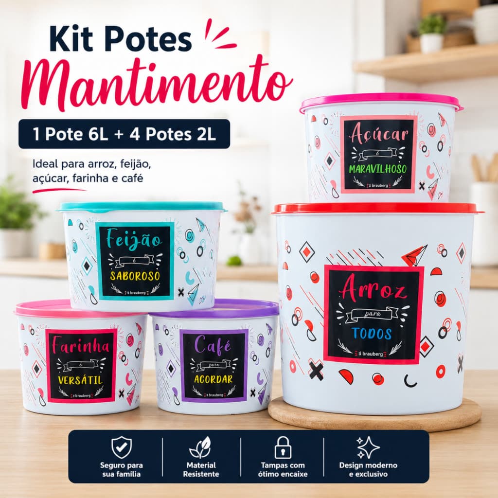 Kit Jogo 5 Potes de Mantimentos Armazenamento Resistente Decorado Label Casa Cozinha