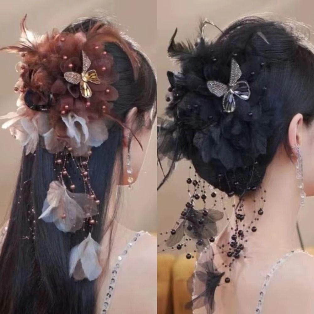 Presilha de Cabelo, Presilha de Cabelo de Tecido com Pena, Flor e Pérola, Acessórios com Borlas de Quatro Pontas