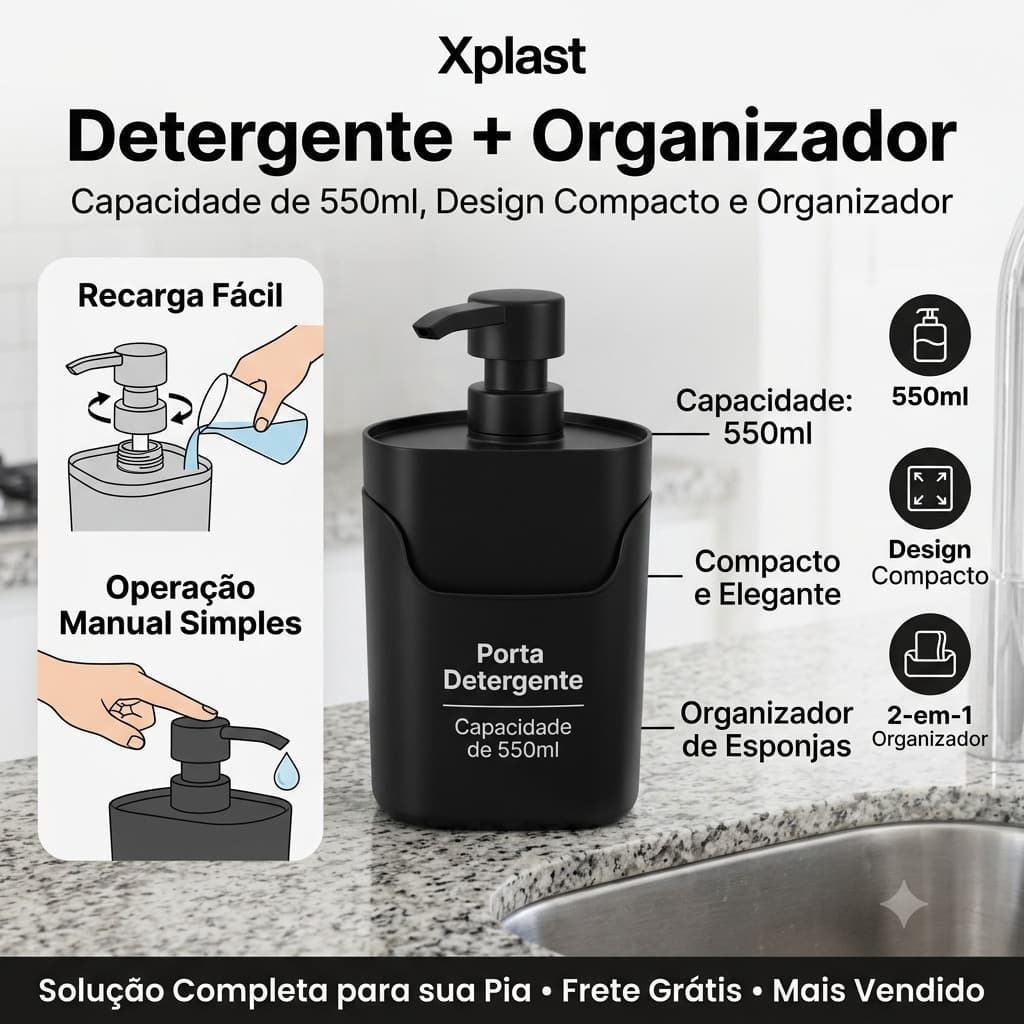 Porta Detergente com Porta Bucha Xplast 550ml Dispenser para Pia Cozinha Preto