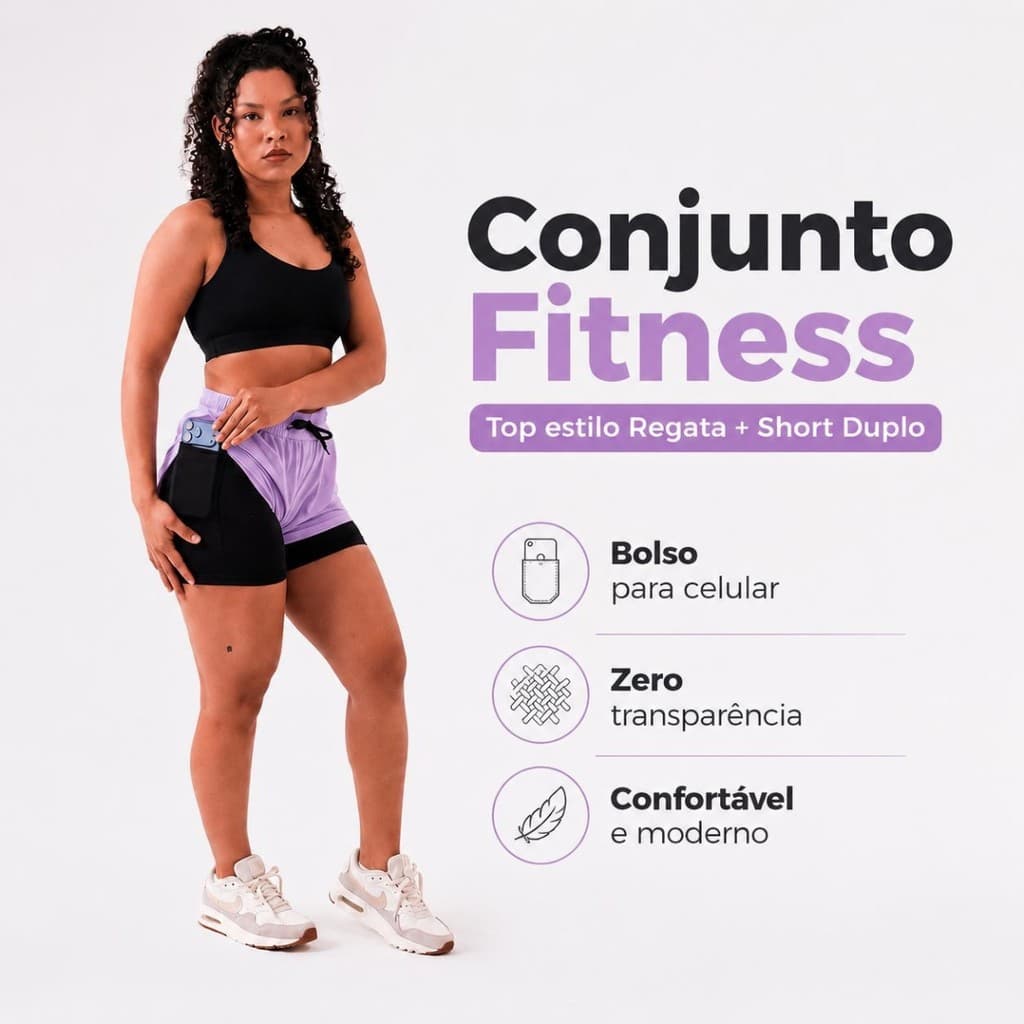Conjunto Short e Top Academia Feminino Top Regata Bermuda Dupla 2 em 1 Bolso Corrida Dry Fit