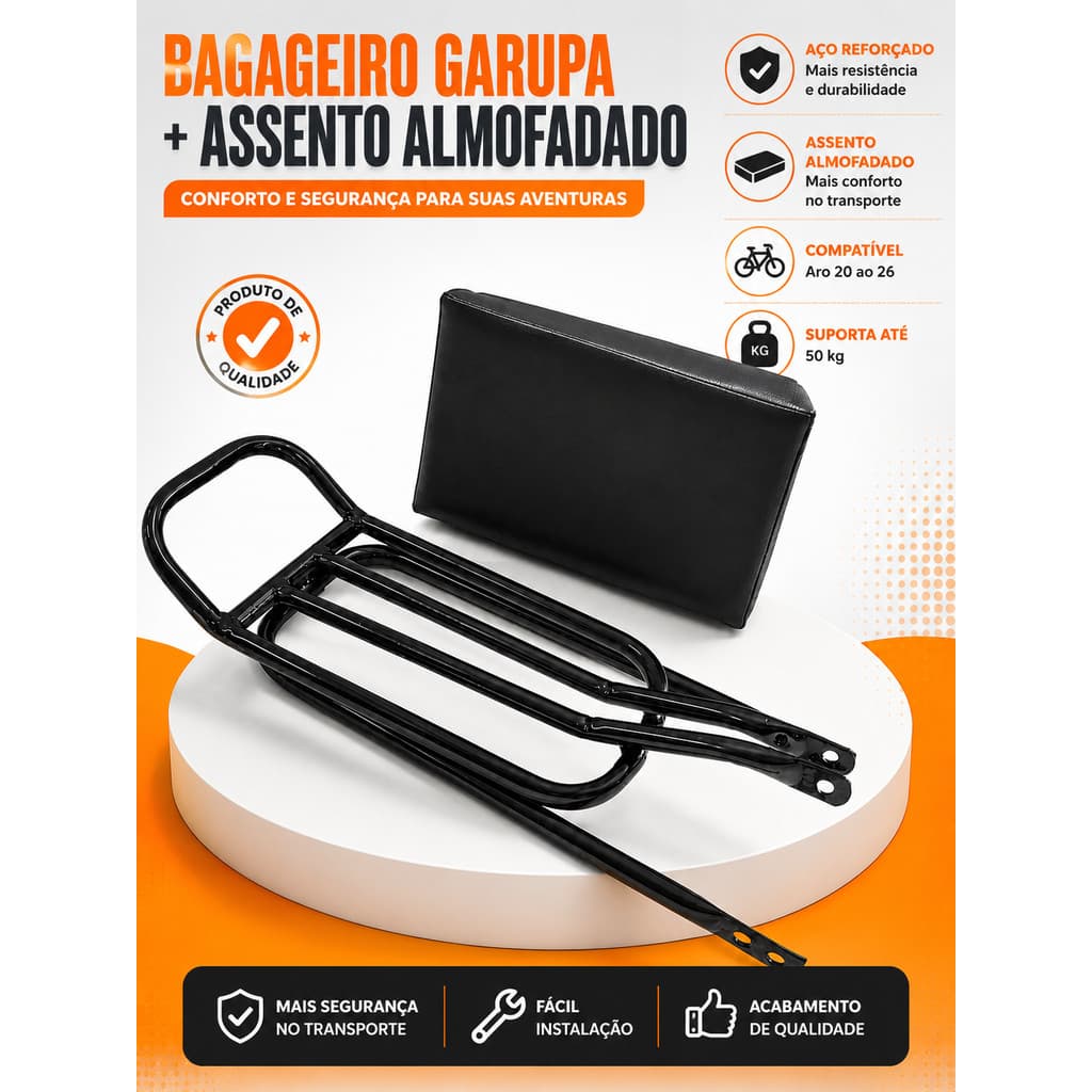 Kit Bagageiro Bike Aço Reforçado Aro 26 Preto Com Almofada