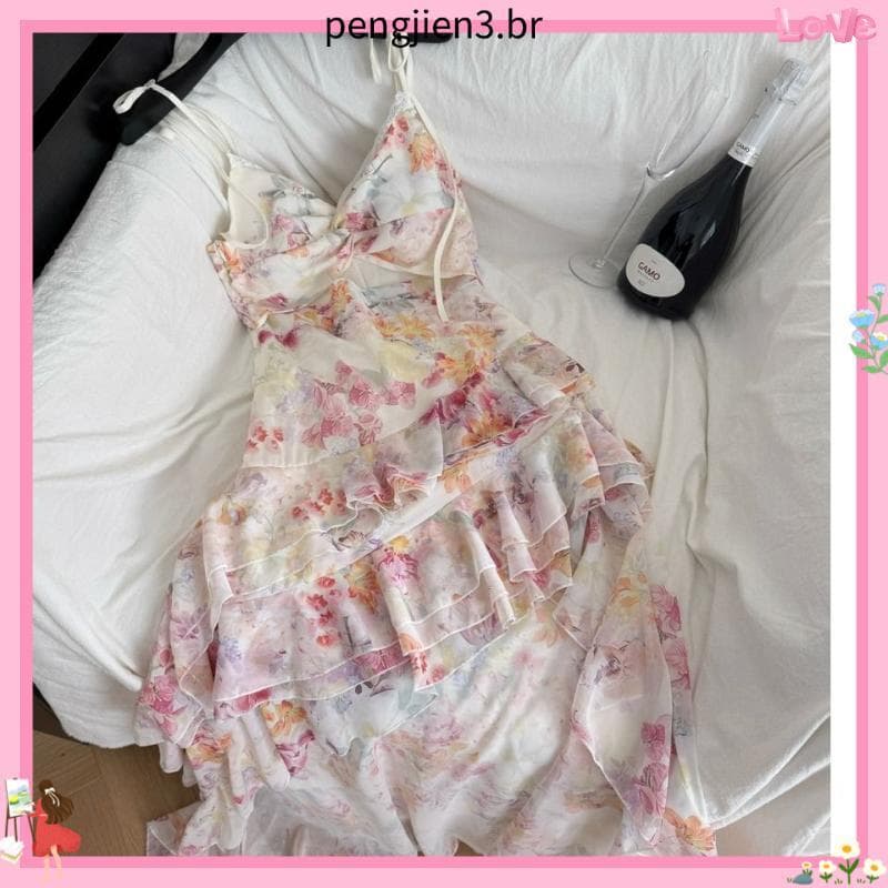 Vestido tipo estilingue estilo férias à beira-mar feminino 2025 primavera novo estilo babados Floral Irregular saia de C