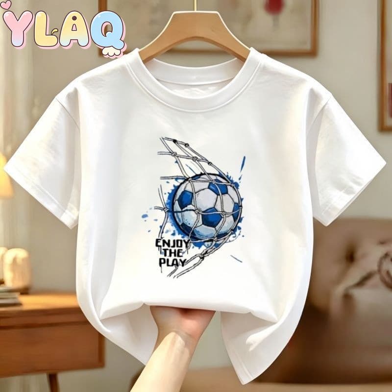 Verão Nova Camiseta De Manga Curta Com Estampa De Futebol , Top Unissex Solto Gola Redonda Para Meninos E Meninas