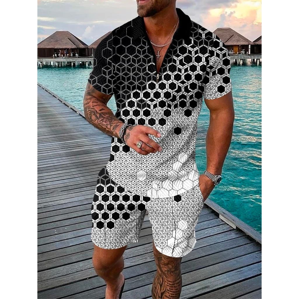 Roupas Esportivas Masculinas de Alta Qualidade, Camisa Polo de Manga Curta com Zíper e Impressão 3D + Conjunto de Shorts