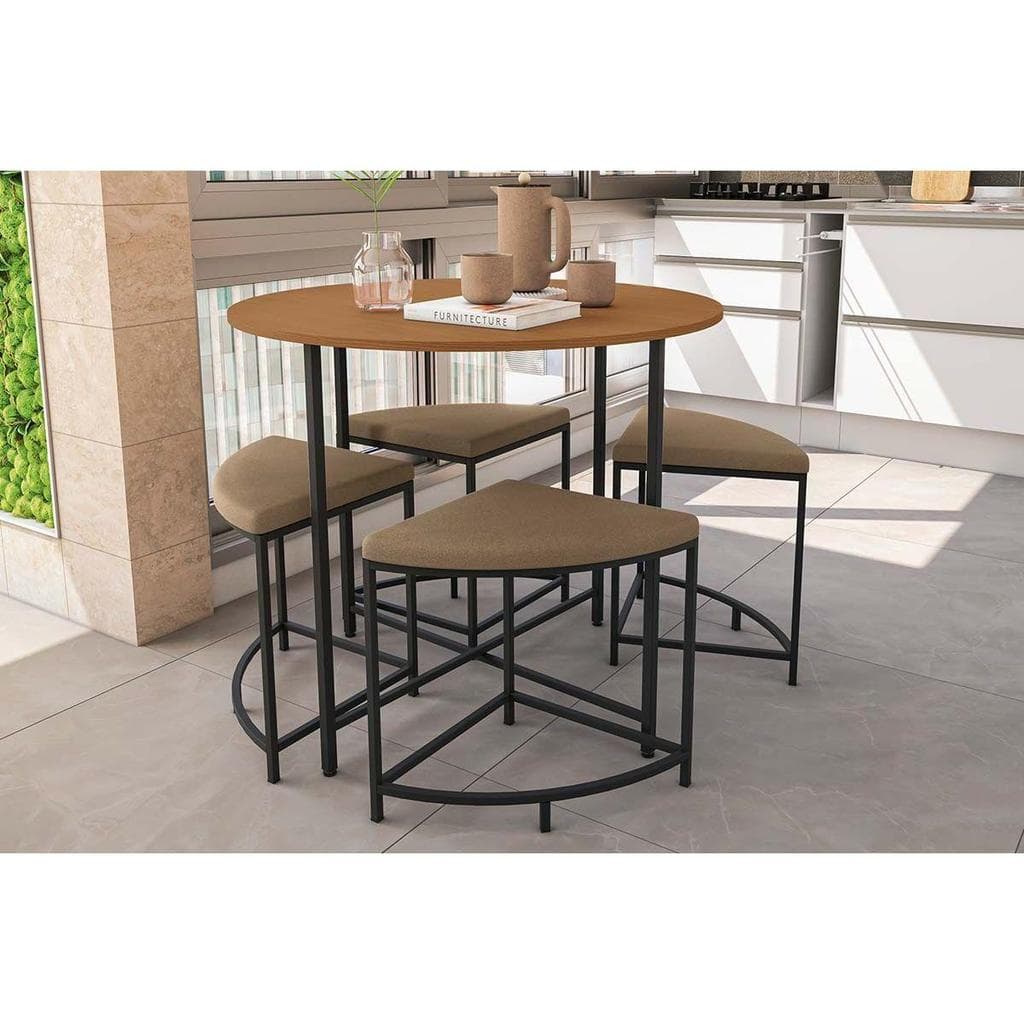 Mesa de Sala Jantar LI038 c/Tampo Madeirado 90 cm + 4 Banquetas Freijó/Preto Fosco - Kappesberg