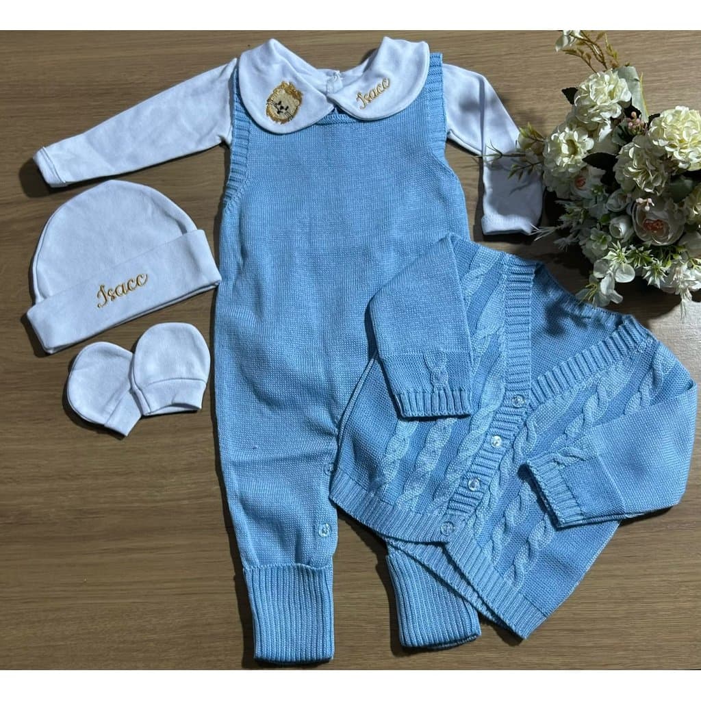 Conjunto saida maternidade tricot Personalizado com o nome do seu bebê menino menina 5 peças
