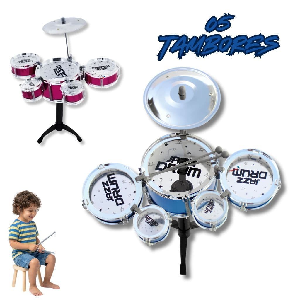Bateria Infantil Musical  | 5 Tambores, 2 Baquetas e Prato | Brinquedo Educativo 3+ Anos