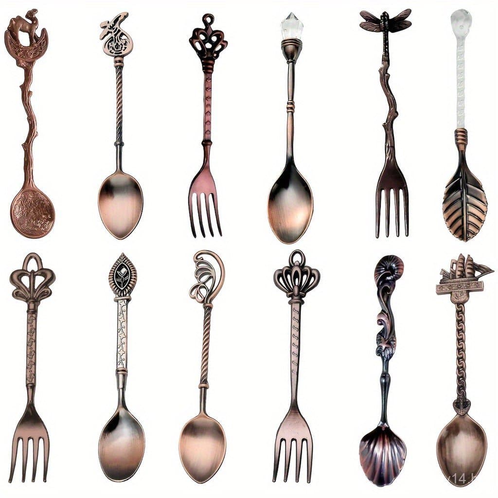 12 peças/1 conjunto de garfos e colheres de metal vintage e bonitos, incluindo garfos para frutas, colheres para sorvete