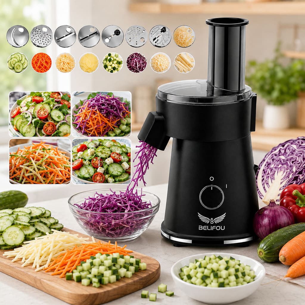 Fatiador Ralador Elétrico de Legumes 5 em 1 Cortador para Salada Queijo Frutas Batata Bocal 80mm