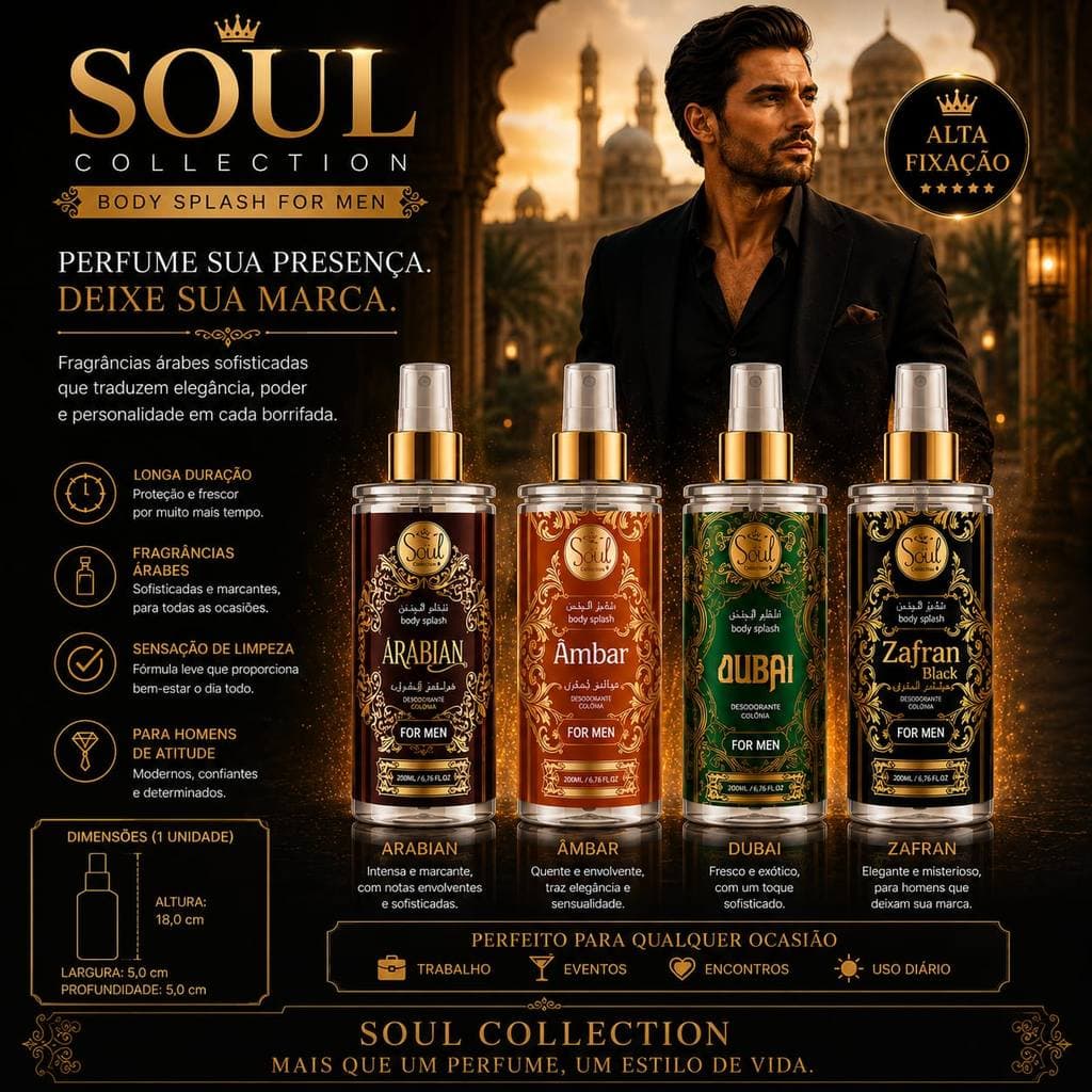 Body Splash Desodorante Colônia Árabe Masculino Soul Cosméticos 200ml