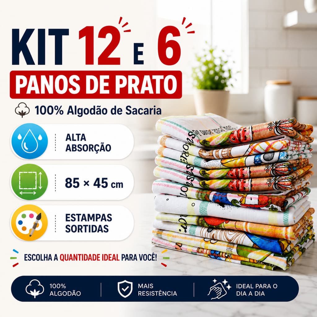 Kit Pano de Prato 100% Algodão Sacaria Xadrez Estampado 6 ou 12 Unidades