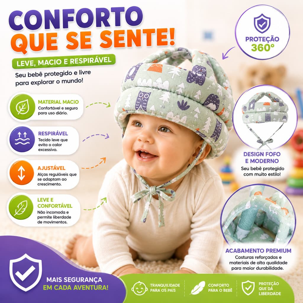 Capacete Protetor De Cabeça Bebê Ajustável Proteção Quedas Primeiros Passos Engatinhar Conforto Macio Respirável