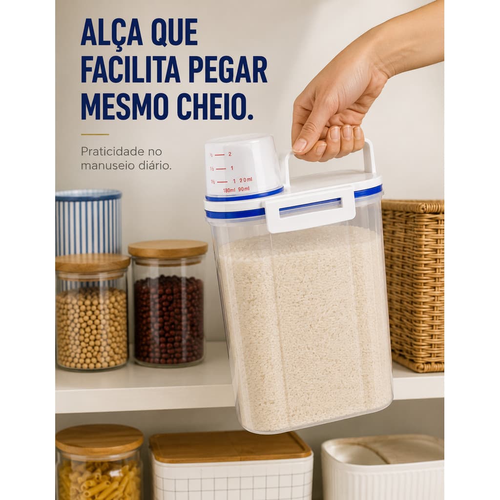 Kit 2 Potes Herméticos 2L com Copo Medidor Bico Dosador Alça Porta Mantimentos Grãos Arroz Cozinha