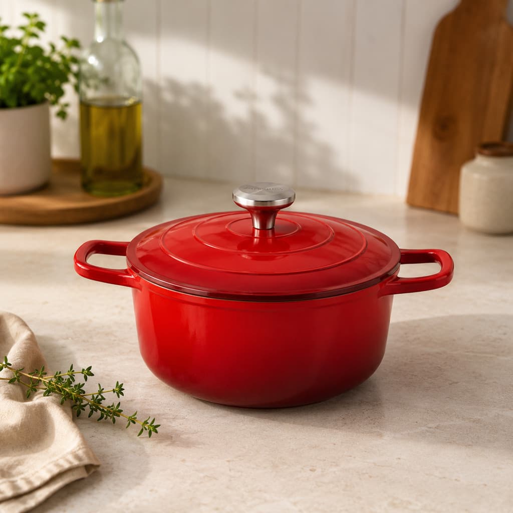 Panela Caçarola 20cm Vermelha Antiaderente Premium Tacho Esmaltado Fogão Forno Mesa Posta Requintada Luxo Almoço Jantar