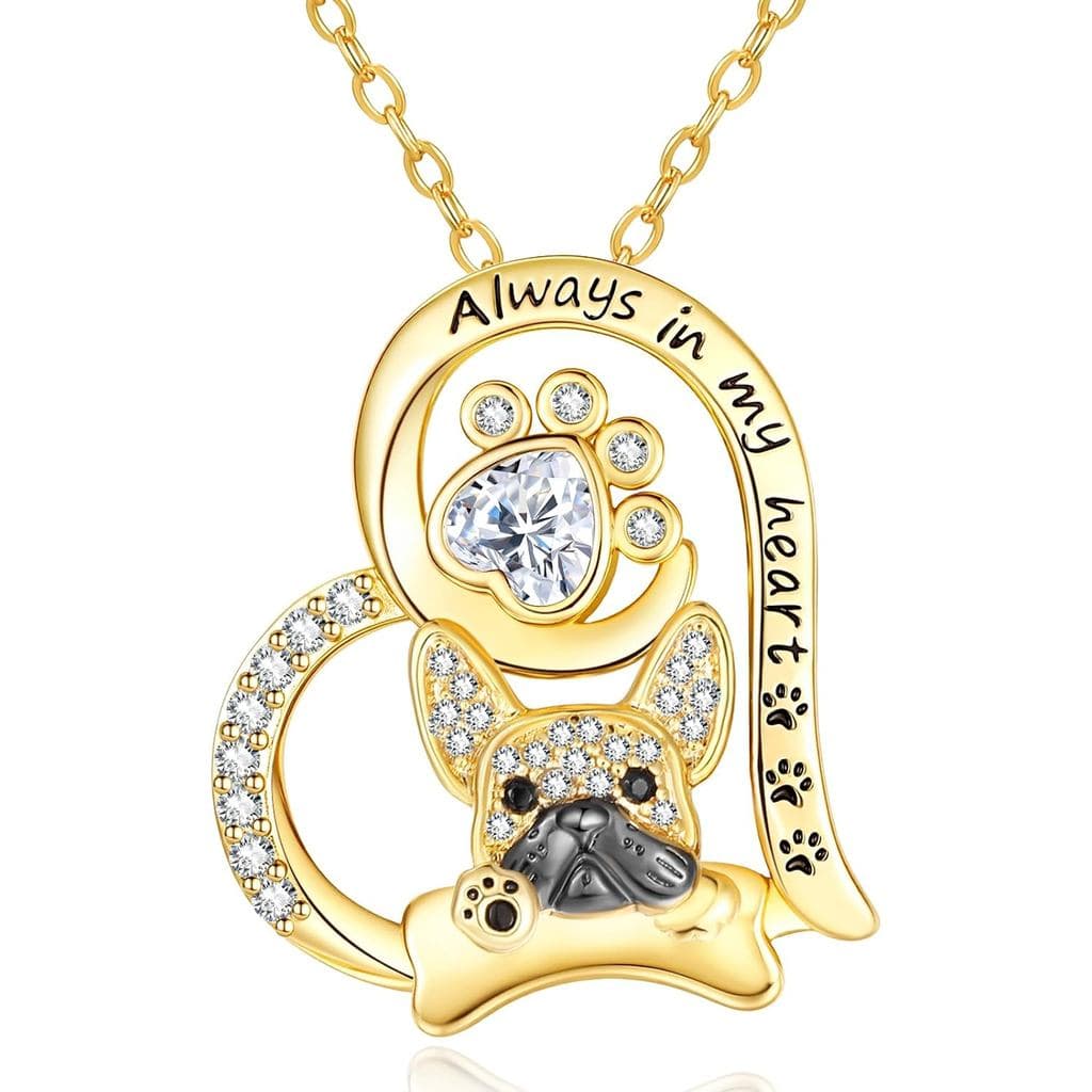 Colar de Bulldog Francês para Mulheres, Colar com Pingente de Pata de Cão Banhado a Ouro 14K, Pingente "Sempre em Meu Co