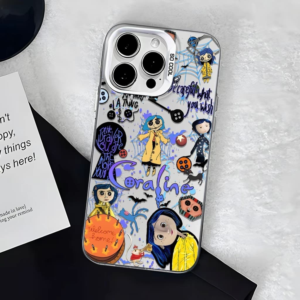 Capinha para iPhone 17/16/15/14/13/12 Pro Max Capa transparente anti-queda Coraline cartoon