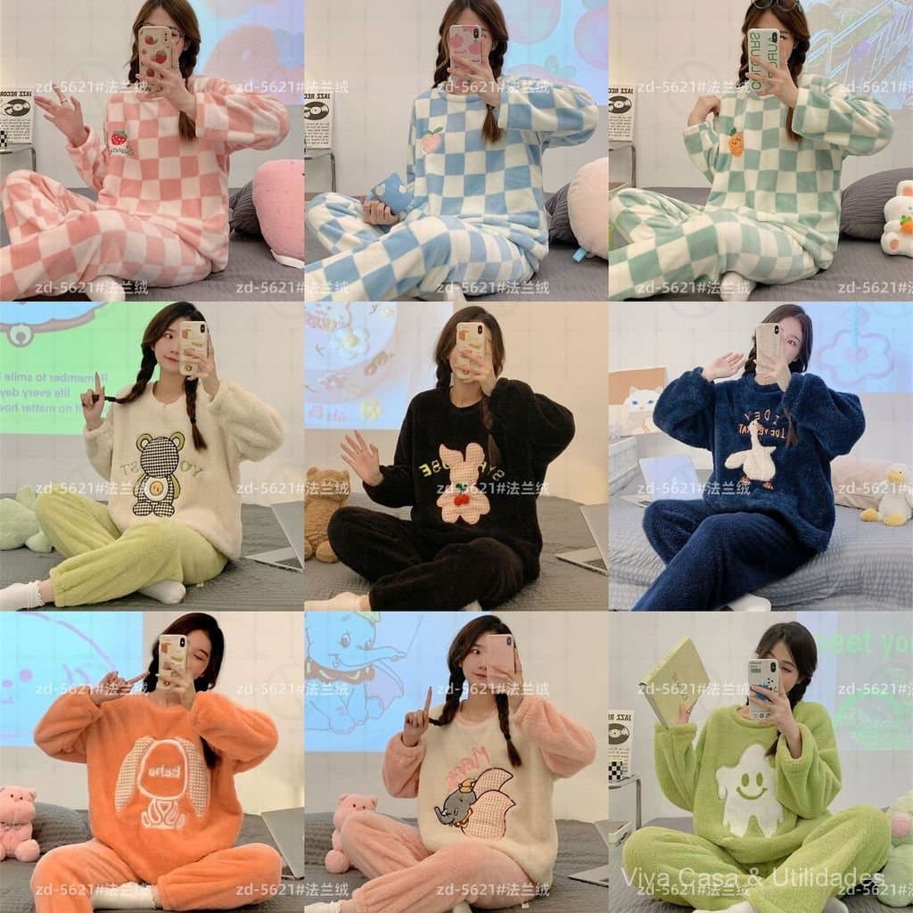 Promoção Imperdível no Brasil ⭐ Pijama Feminino de Fleece Coral, Inverno, Urso Fofo, Flanela Espessa e Quente, Conjunto