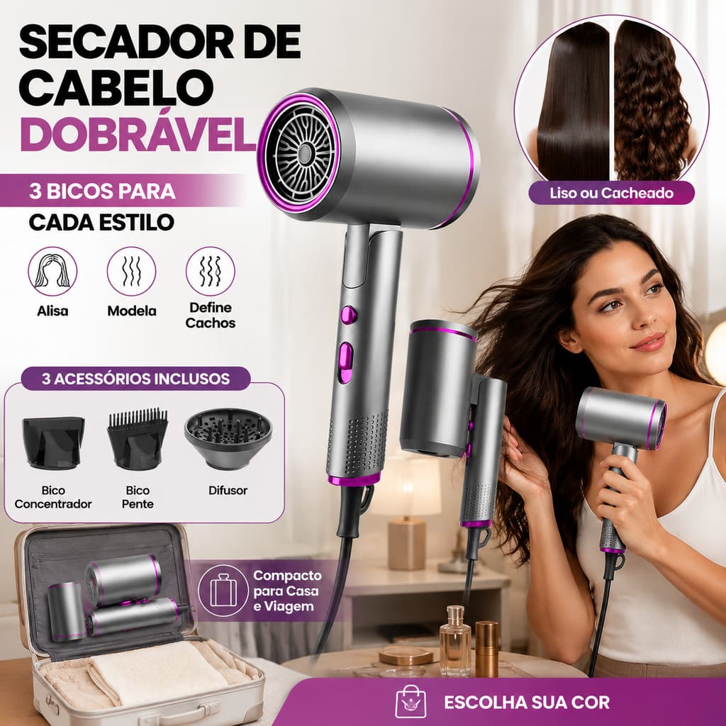 Secador de Cabelo Profissional 5000W Íons Negativos 6 Velocidades Dobrável Ar Quente e Frio com Difusor e Bico