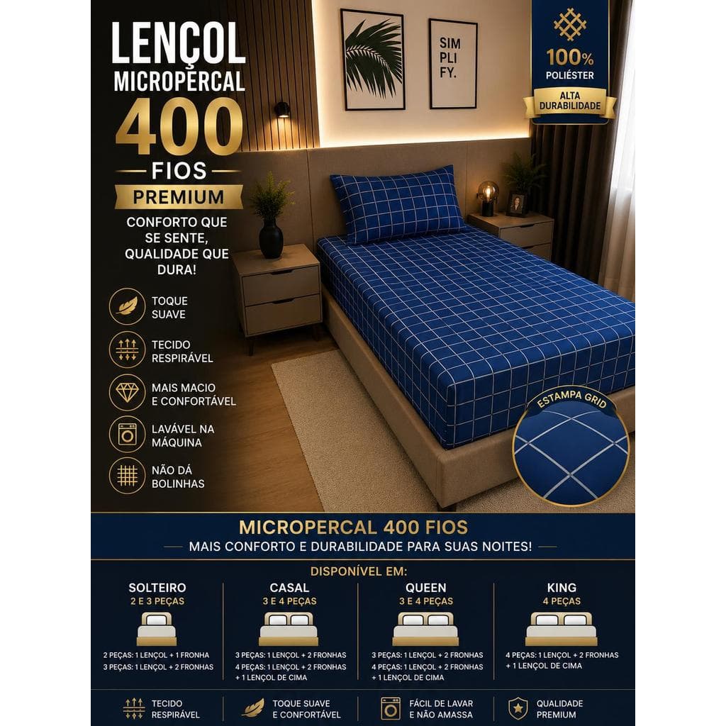 Jogo de Lençol Micropercal 400 Fios Grid | Toque Macio | Solteiro ao King | 2 e 3 Peças com Elástico