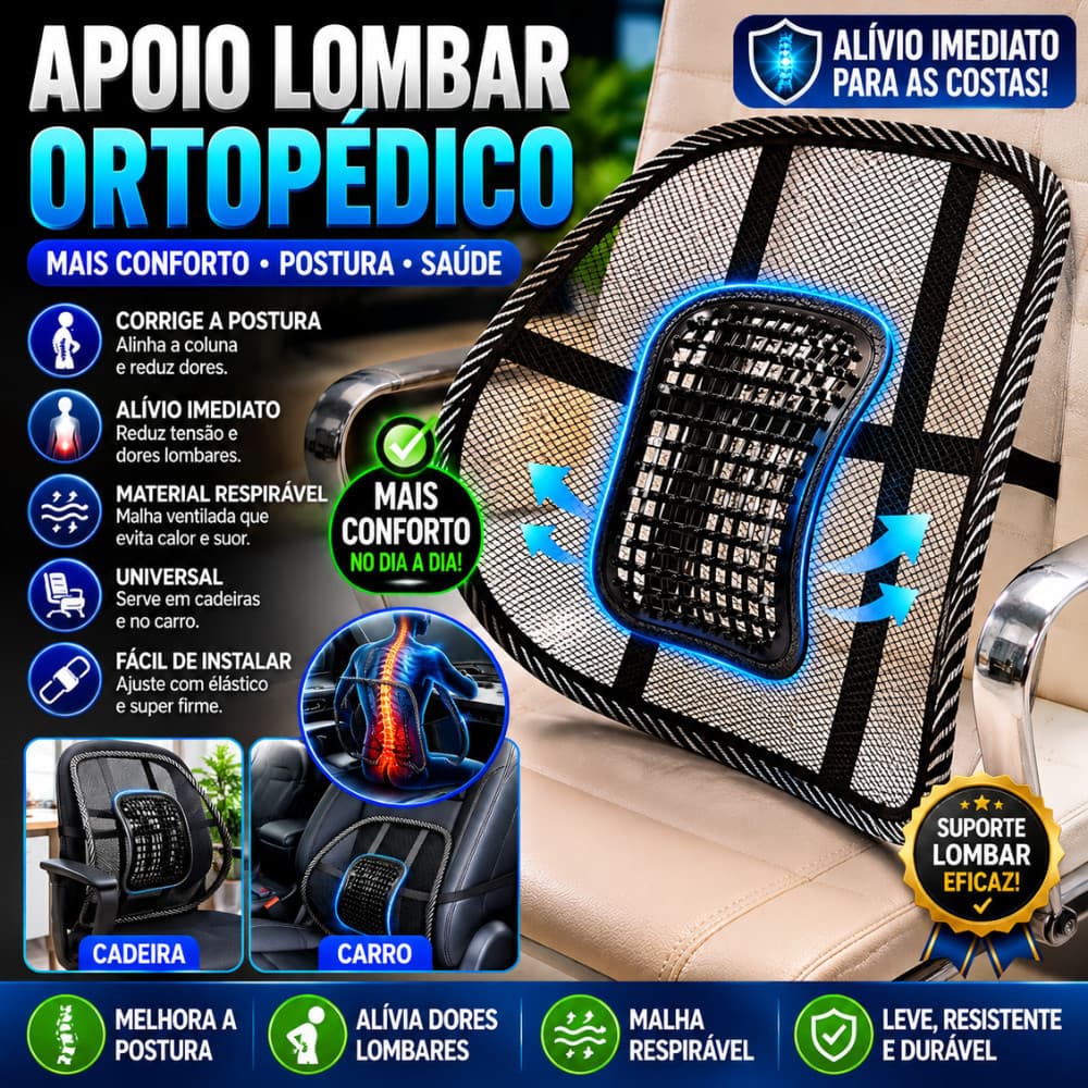 Encosto Apoio Lombar Ortopédico Para Cadeira Carro Ergonômico Corretor Postural Malha Respirável