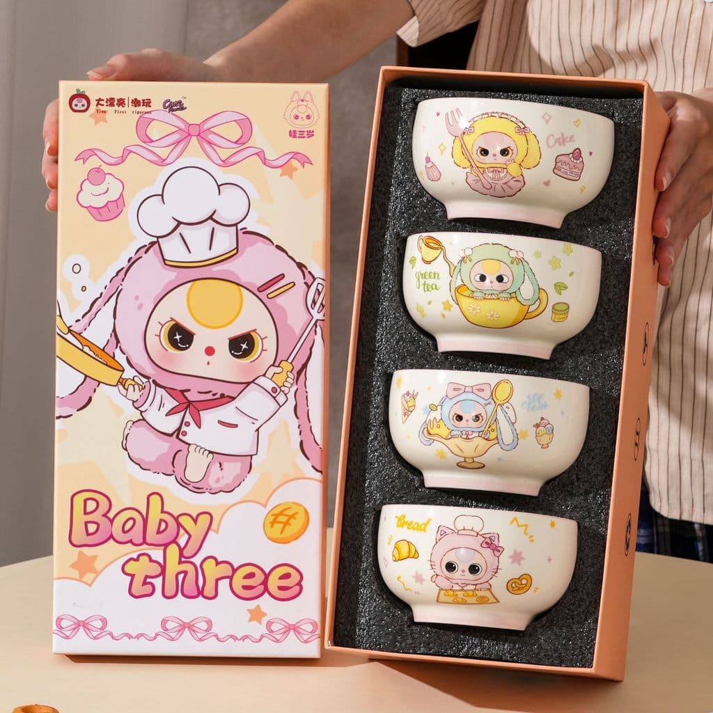 Conjunto de talheres de cerâmica dos desenhos animados bonito conjunto de 4 peças caixa de presente tigela de arroz domé