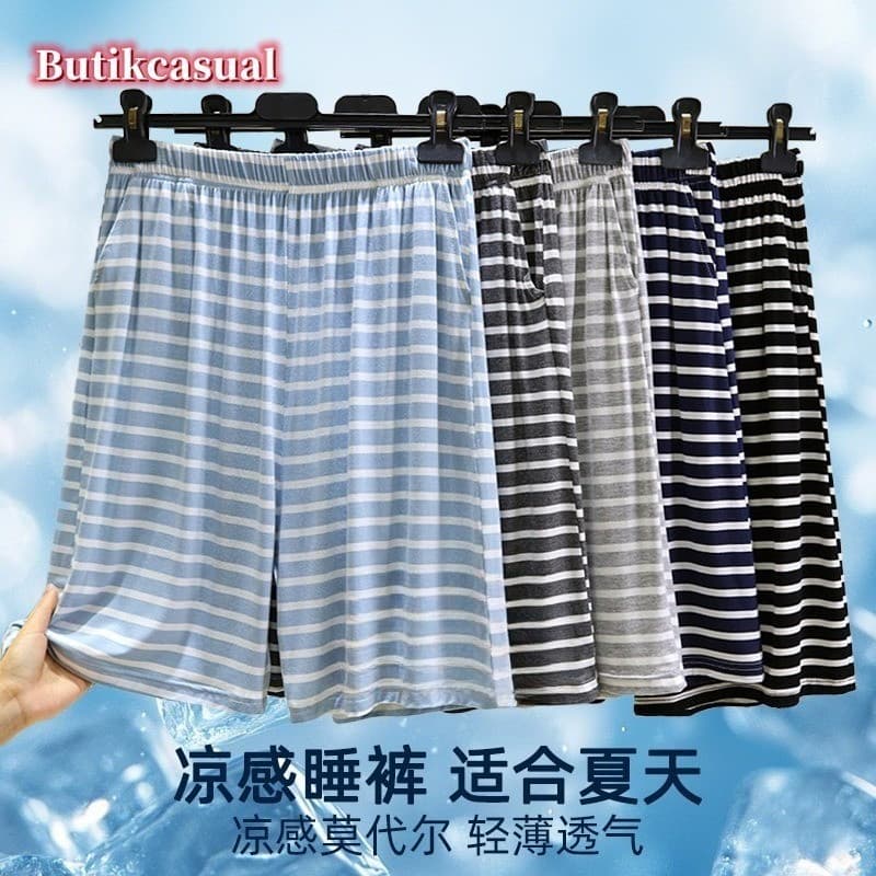 Shorts De Dormir Listrado Modal Masculino Plus Size Cintura Elástica Com Bolsos Soltos Calças Casuais Para Casa