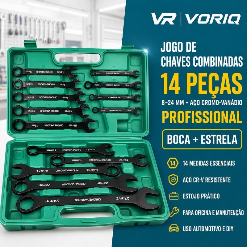 Kit Jogo De Chave Combinada 8 A 24 mm Boca Aço Cromo Profissional C/ Maleta 14 Peças De grau profissional