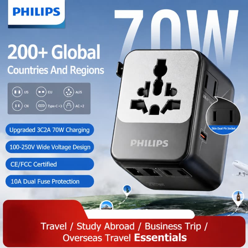 Adaptador De Viagem Philips SPN1619B 70W PD Carga Rápida 3C2A Plugue Universal Duplo AC