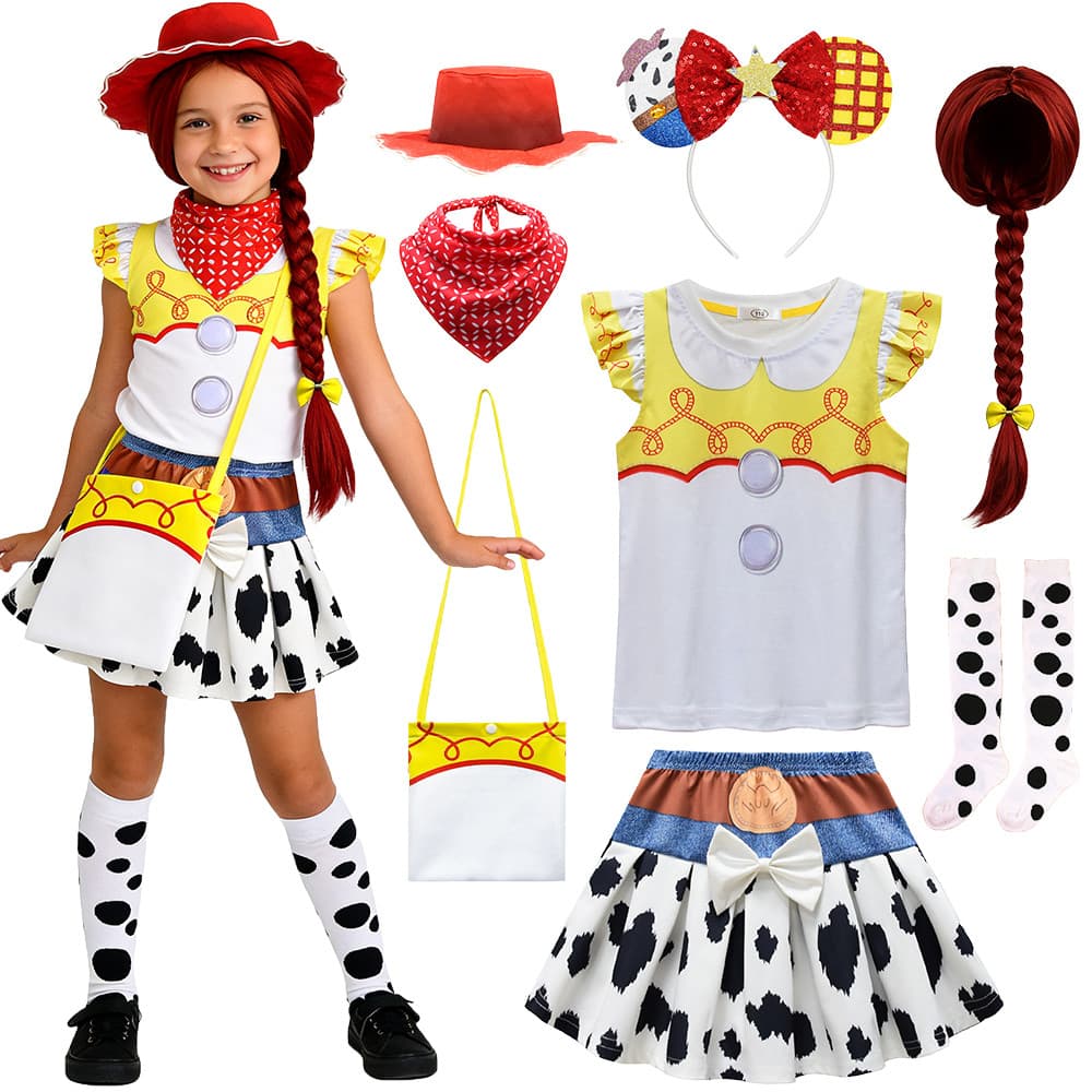 Fantasia Meninas Ocidental Cowgirl Jessie Traje Verão Vaca Impressão Conjunto De Roupas Casuais Halloween Festival Festa