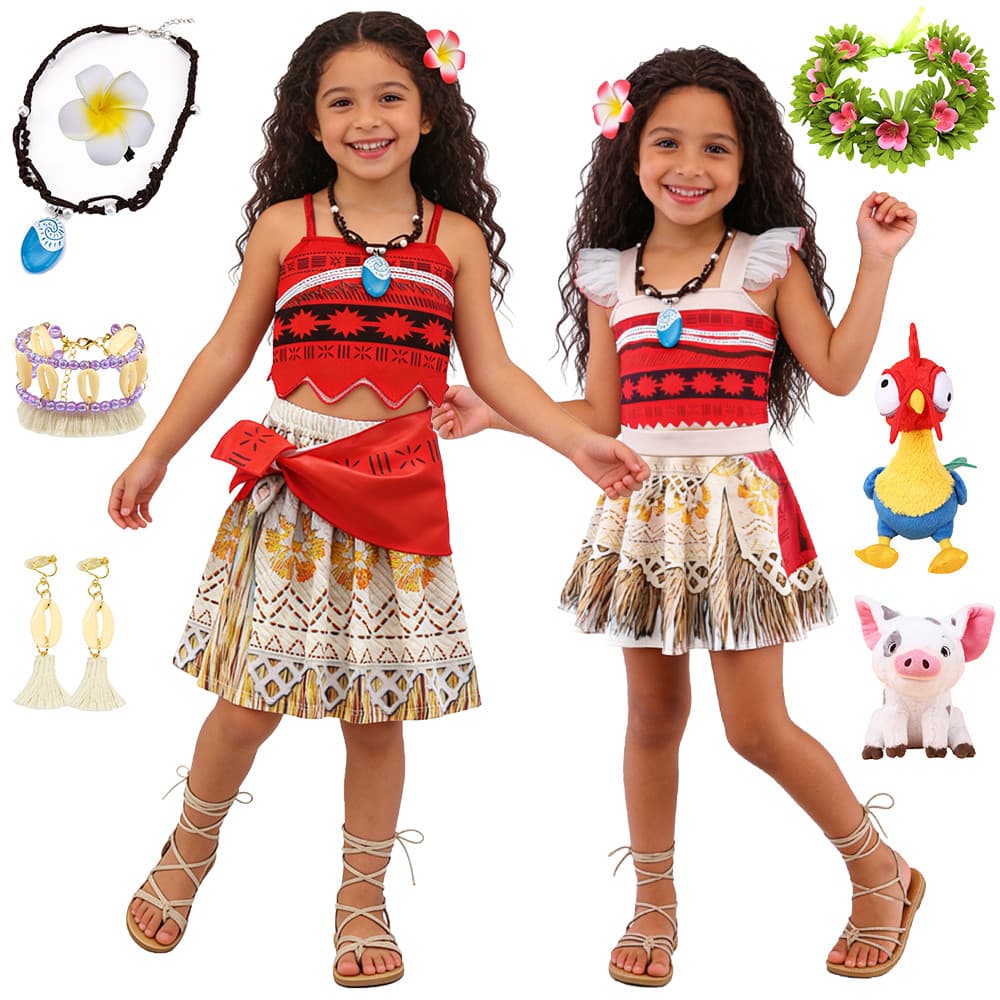 Meninas Moana Traje Vestido Plissado Manga Tribal Impressão Crianças De Fadas Fantasia Colar Halloween Princesa Cosplay