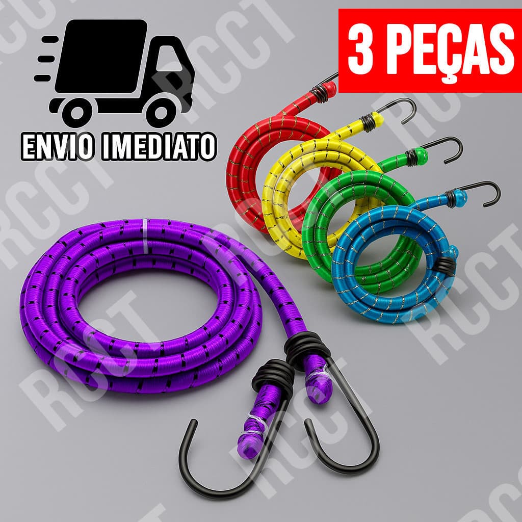 Kit 3 Corda Elástica Multiuso 1,50m com Gancho de Metal Forte para Moto e Bagageiro