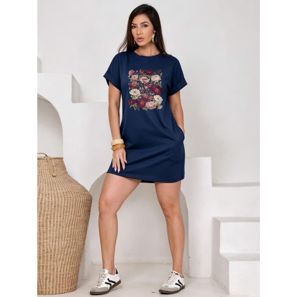 Vestido casual feminino com estampa de peônias vestido plus size festa vestido longo