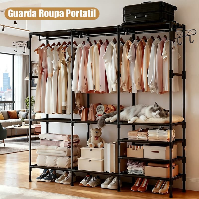 Guarda Roupa Portátil Multifuncional Desmontável Cabideiro Arara Com Sapateira Para Armazenamento Doméstico