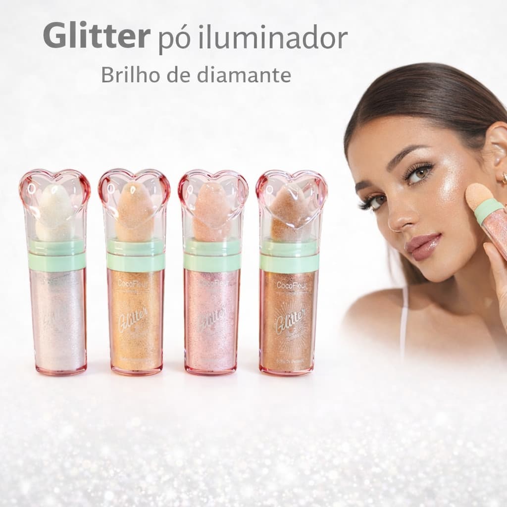 CocoFleur Iluminador Glitter Facial e Corporal com Aplicador Efeito Glow Intenso 5g | 4 Tons Radiantes