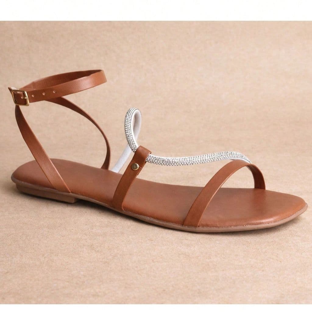 Rasteirinha Feminina de Dedo com Tiras em Strass Fivela no Tornozelo Bico Quadrado Premium Casual