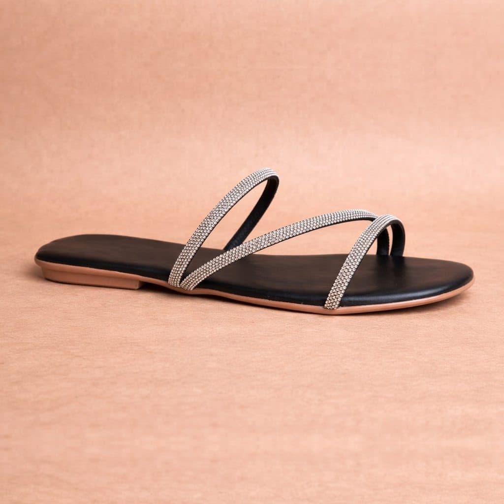 Sandália Rasteira Feminina com Strass Tiras Finas Brilho Casual Elegante Confortável Flat Premium Luxo Verão