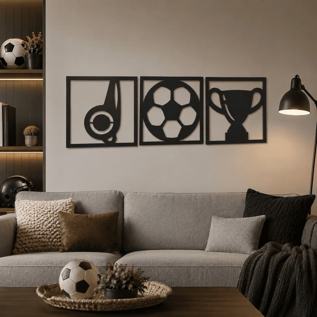 Kit 3 Quadros Futebol MDF Preto Decorativo Bola Apito Troféu Para Parede Quarto Gamer Sala Decoração