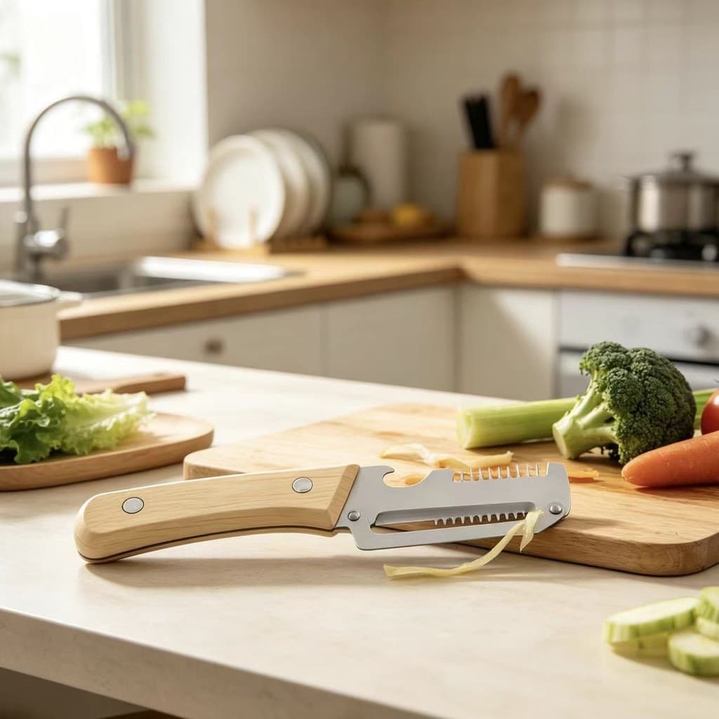 Utensílio de Cozinha Multifuncional para Picar e Fatiar Cebolinha, Abridor de Garrafas com Cabo de Madeira, Cortador de