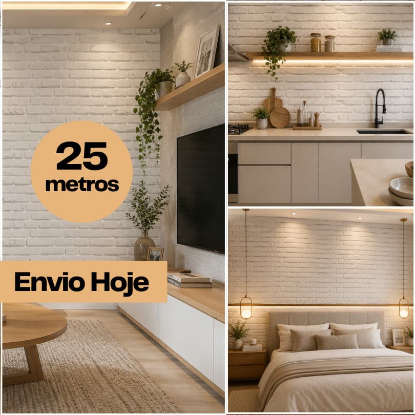 Papel de Parede Tijolo Branco 3D Adesivo Autocolante Lavável PVC Premium Sala Quarto Cozinha 5m x 45cm