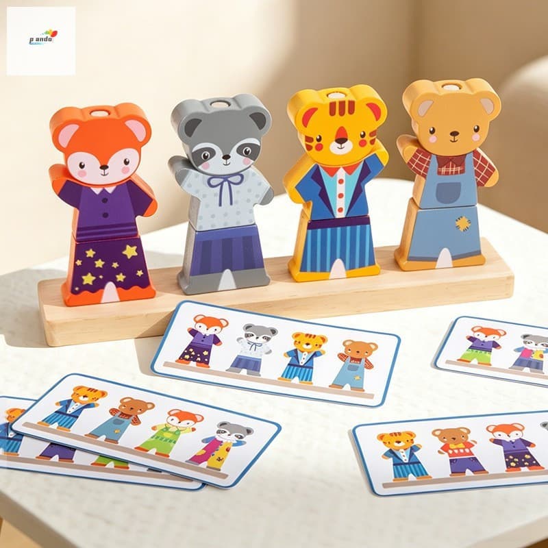 Quebra-Cabeça De Madeira Para Educação Infantil-Blocos De Construção De Jogos De Vestir Com Urso De Reconhecimento De Co