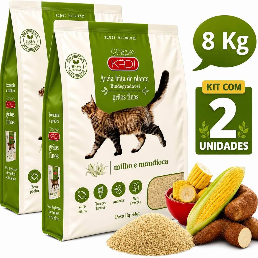 Kit 02 Areia Grãos Finos Milho Mandioca Kadi De 4 Kg Biodegradáveis Para Gatos