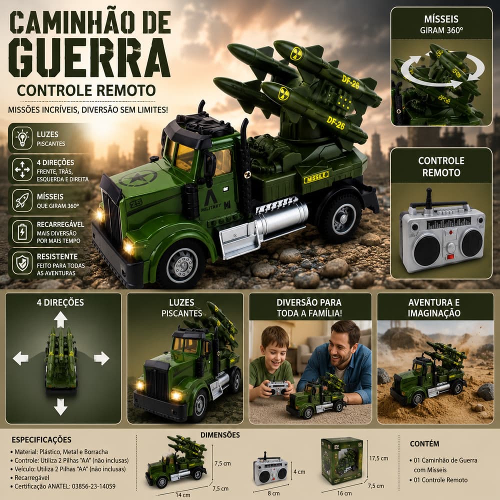 Caminhão de Guerra Controle Remoto com Luzes LED e Mísseis Giratórios Brinquedo Infantil Dia das Crianças