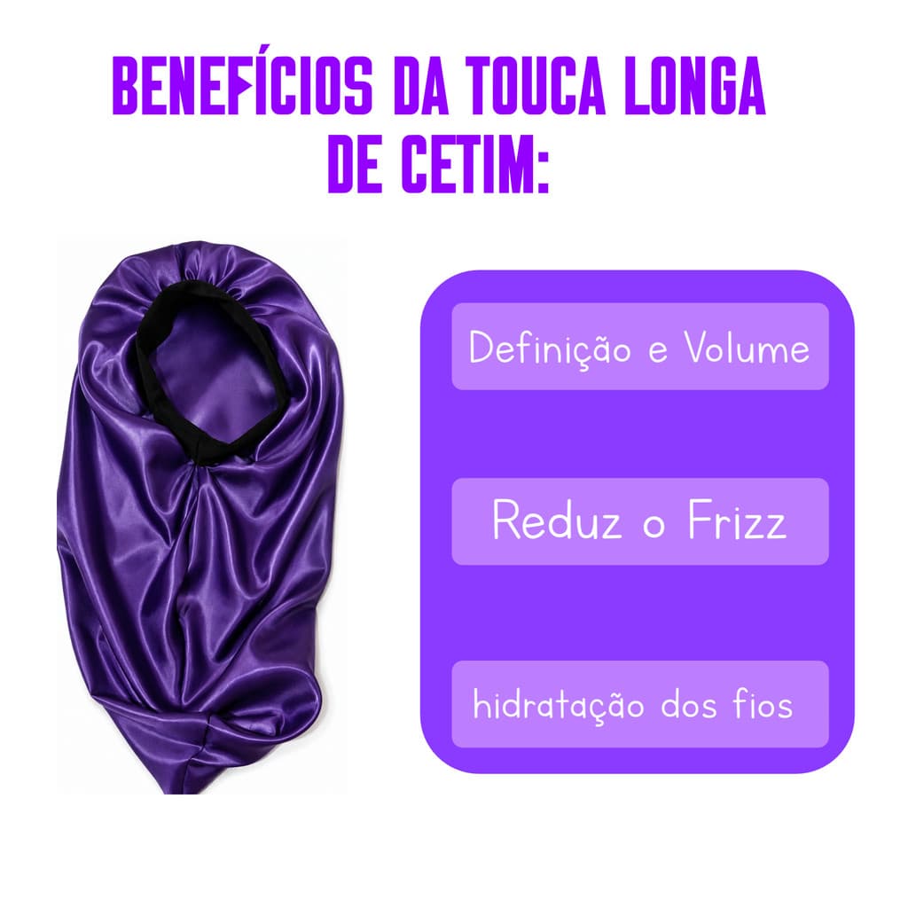 Kit Touca Longa de Cetim, Touca de Cetim e Scrunchies Roxo