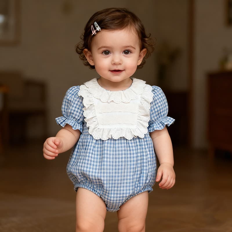Roupas infantis bebê menina macacão verão gola de renda xadrez manga curta macacão roupas de passeio