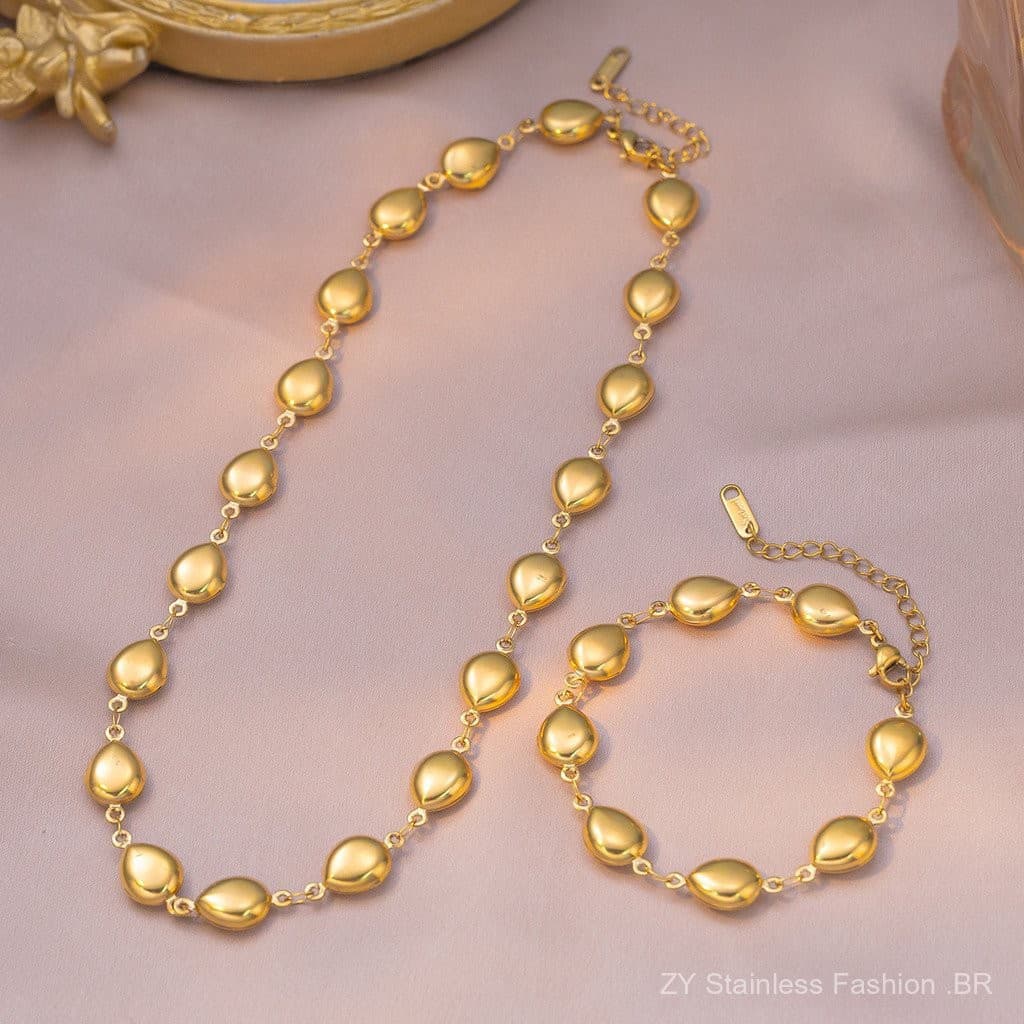 Colar e pulseira ovais vazados em formato de gota d'água, em aço de titânio, estilo feminino, banhados a ouro 18K e não