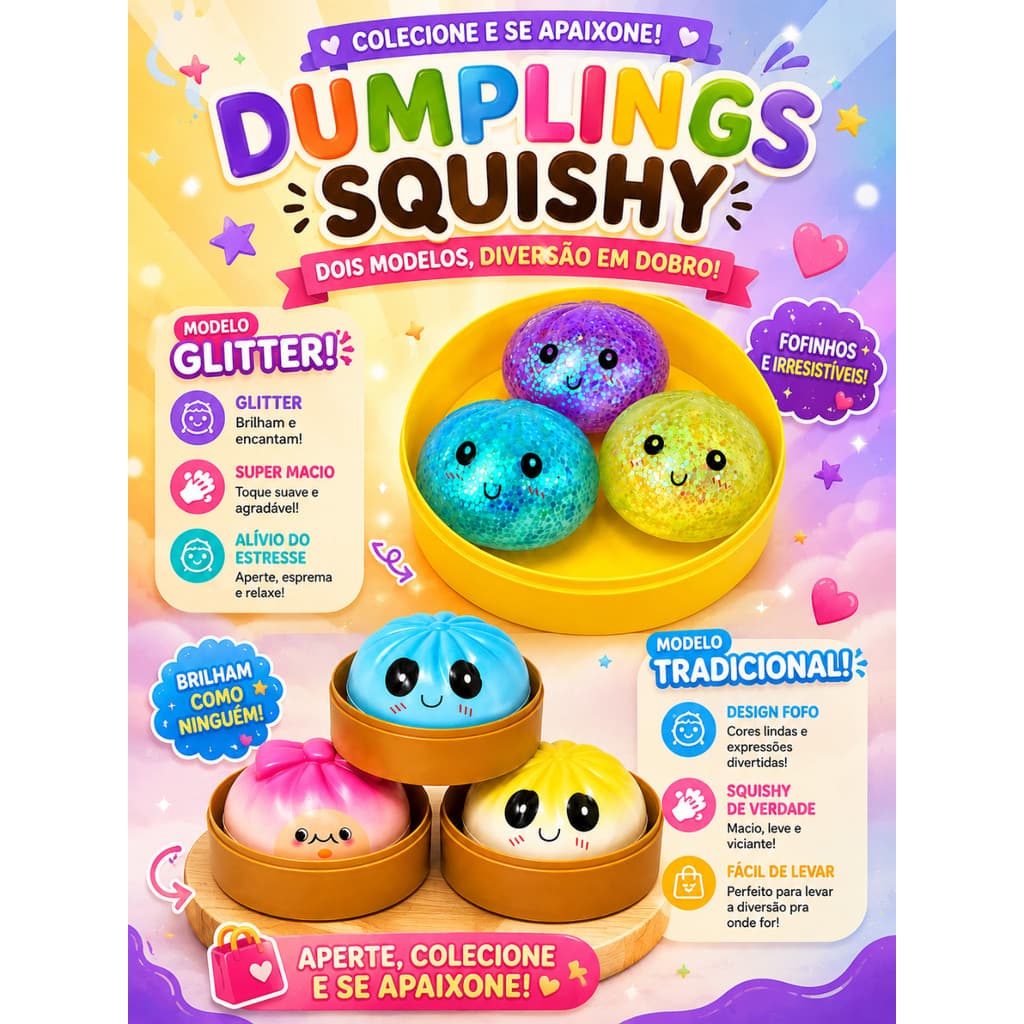 Squishy Dumpling Sortido Anti Stress c/ 2 Modelos Diferentes