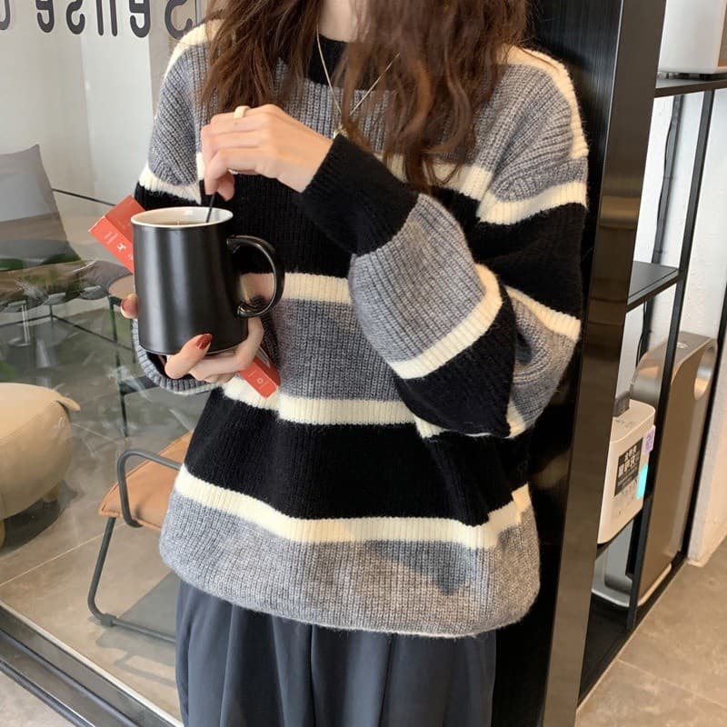 Estilo coreano contraste cor listrado camisola feminina outono inverno exterior Wear estilo preguiçoso solto Bottoming m