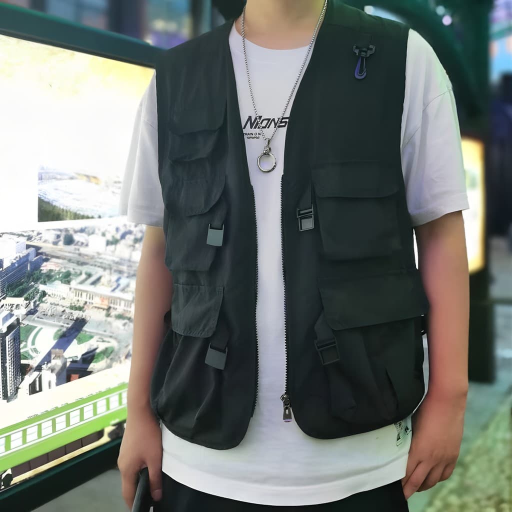 Fotografia colete masculino moda masculina feminino colete forro líquido tridimensional bolso colete repórter promociona
