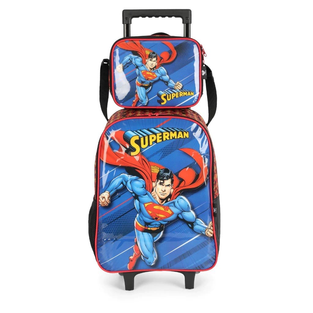 Kit Mochila C/ Rodinhas E Lancheira Superman